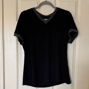 Women’s Black V-Neck Short Sleeve Tee with Gray Trim - Casual Pocket Top